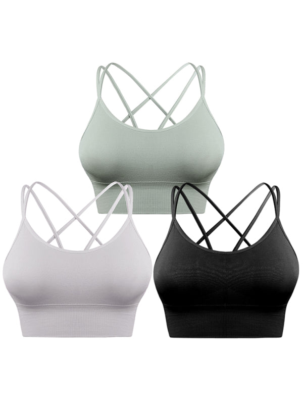 3 Pack Women’s Sports Bra Padded Crisscross Yoga Bra Seamless Medium-Impact Fitness Activewear - black + white + green