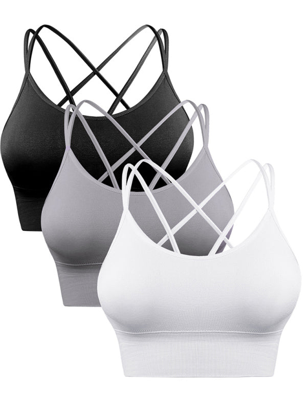3 Pack Women’s Sports Bra Padded Crisscross Yoga Bra Seamless Medium-Impact Fitness Activewear - black + white + light