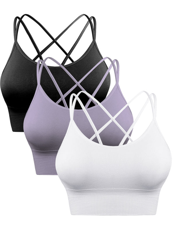 3 Pack Women’s Sports Bra Padded Crisscross Yoga Bra Seamless Medium-Impact Fitness Activewear - black + white + purple
