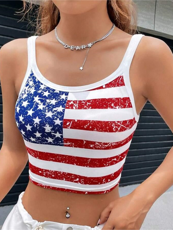 Independence Day flag print short slim fit Y2K navel-baring sexy top - White / S