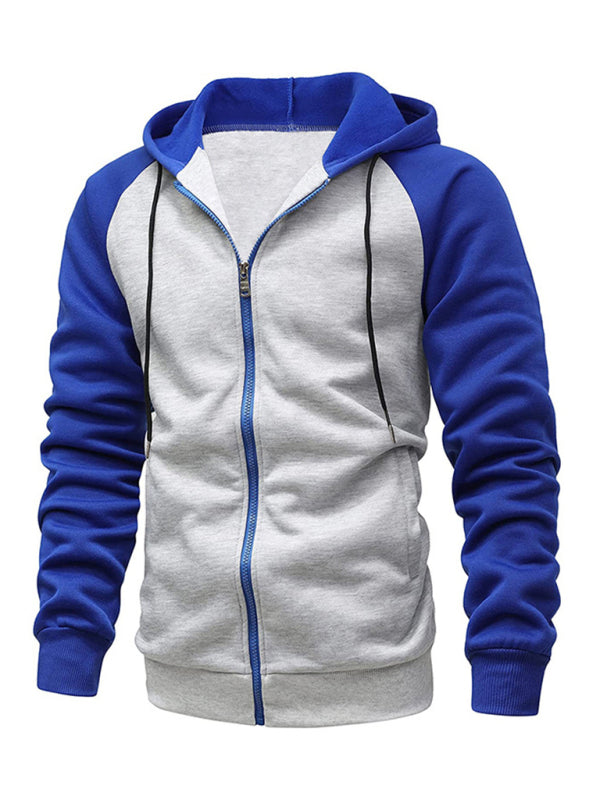 Jacket Contrasting color zipper cardigan plus fleece hoodie men’s clothing - Blue / M