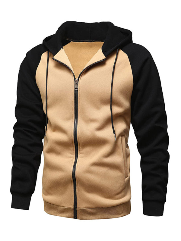 Jacket Contrasting color zipper cardigan plus fleece hoodie men’s clothing - Khaki / M