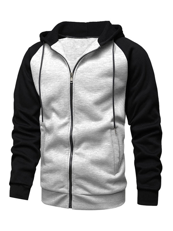 Jacket Contrasting color zipper cardigan plus fleece hoodie men’s clothing - Grey / M