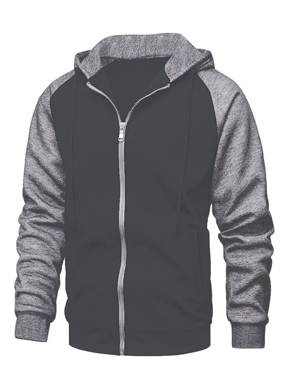 Jacket Contrasting color zipper cardigan plus fleece hoodie men’s clothing - Dark Gray / M