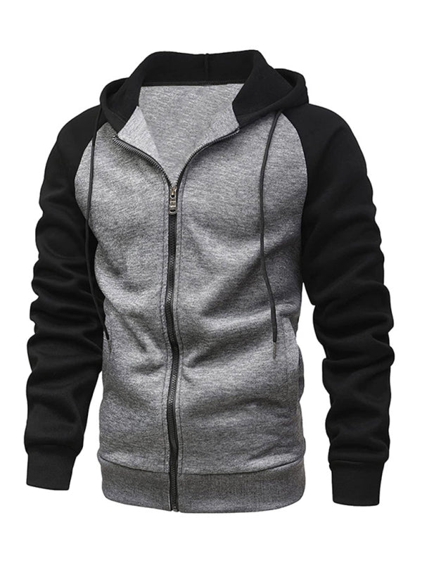 Jacket Contrasting color zipper cardigan plus fleece hoodie men’s clothing - Charcoal grey / M