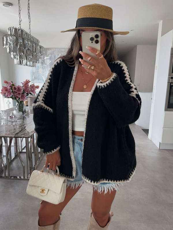 Knit Sweater Jacket Solid Color Loose Cardigan - Black / S
