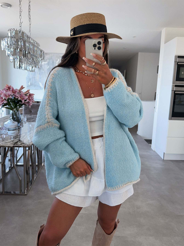 Knit Sweater Jacket Solid Color Loose Cardigan - Clear blue / S