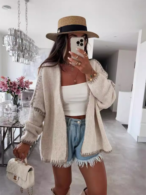 Knit Sweater Jacket Solid Color Loose Cardigan - Cracker khaki / S