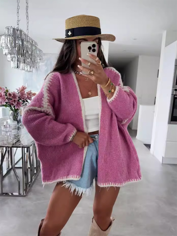 Knit Sweater Jacket Solid Color Loose Cardigan - Hot pink / S