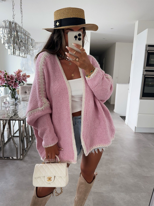Knit Sweater Jacket Solid Color Loose Cardigan - Pink / S