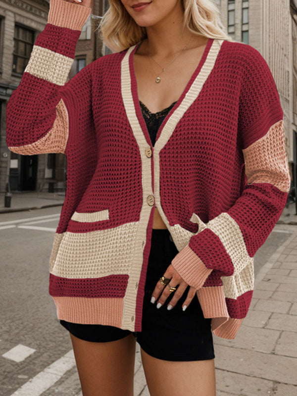 Knitted Jacket V-Neck Large Size Pocket Colorblock Cardigan Sweater - Red / S