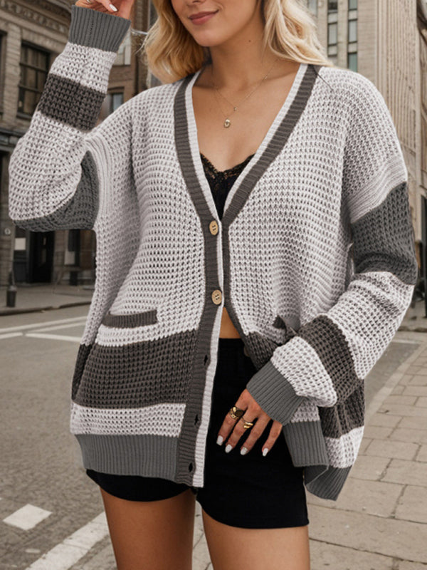 Knitted Jacket V-Neck Large Size Pocket Colorblock Cardigan Sweater - Grey / S