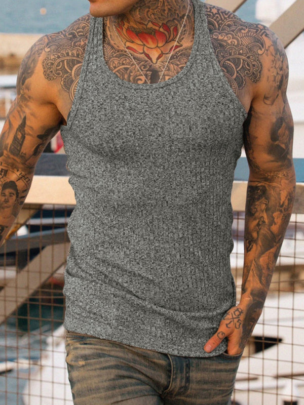 Knitted Vertical Stripes Fitness Sports Slim Vest Men’s Racerback Vest - Grey / M
