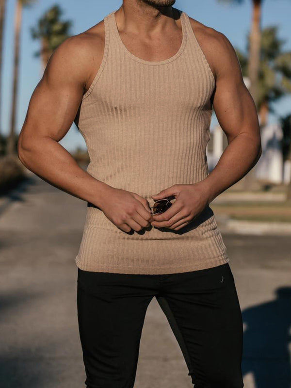 Knitted Vertical Stripes Fitness Sports Slim Vest Men’s Racerback Vest - Khaki / M