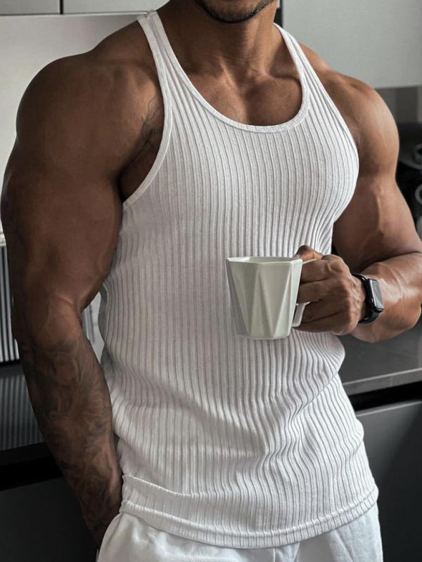 Knitted Vertical Stripes Fitness Sports Slim Vest Men’s Racerback Vest - White / M