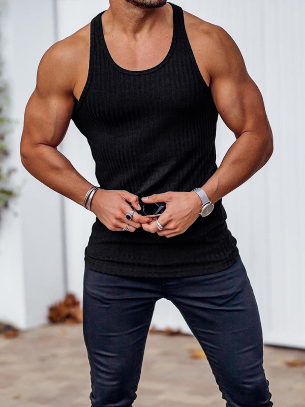 Knitted Vertical Stripes Fitness Sports Slim Vest Men’s Racerback Vest - Black / M
