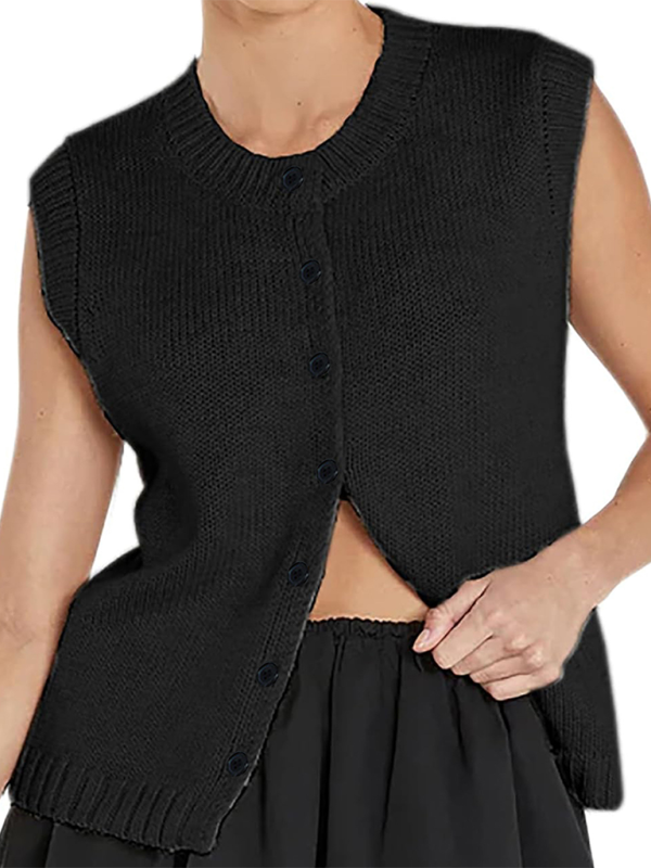 Knitted vest vest casual versatile single-breasted knitted cardigan top - Black / S