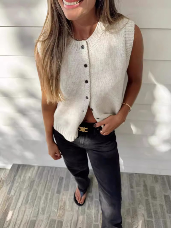 Knitted vest vest casual versatile single-breasted knitted cardigan top - Cracker khaki / S