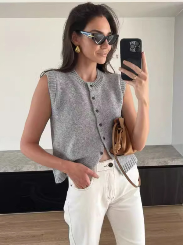 Knitted vest vest casual versatile single-breasted knitted cardigan top - Grey / S