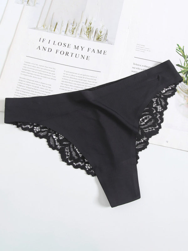 Lace Trim Knit Seamless Panties - Black / L