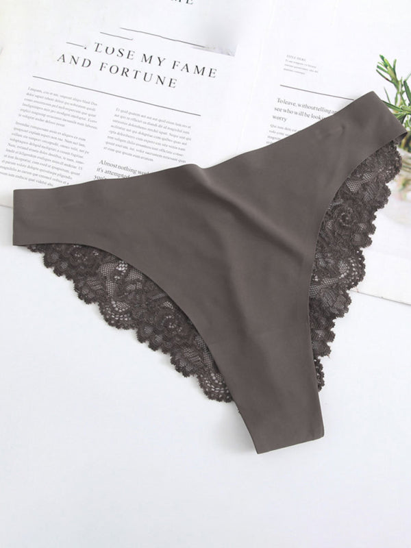 Lace Trim Knit Seamless Panties - Grey / L