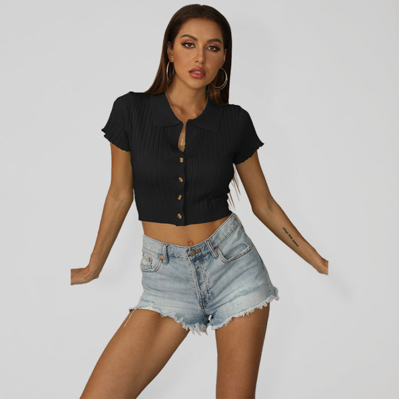Women’s black ribbed crop top with polyester sleeve and lapel collar, short sleeve style