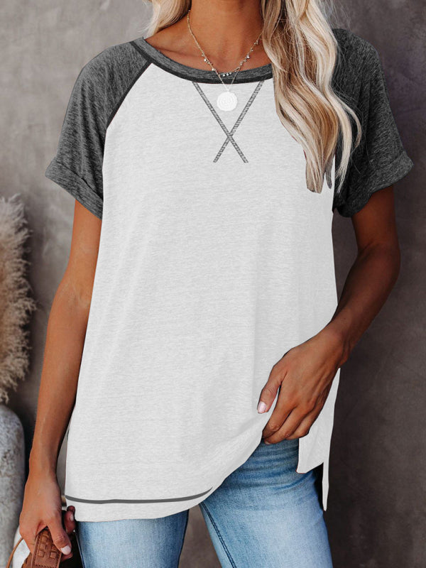 Ladies Colorblock Casual Round Neck Short Sleeve T-Shirt - White / S