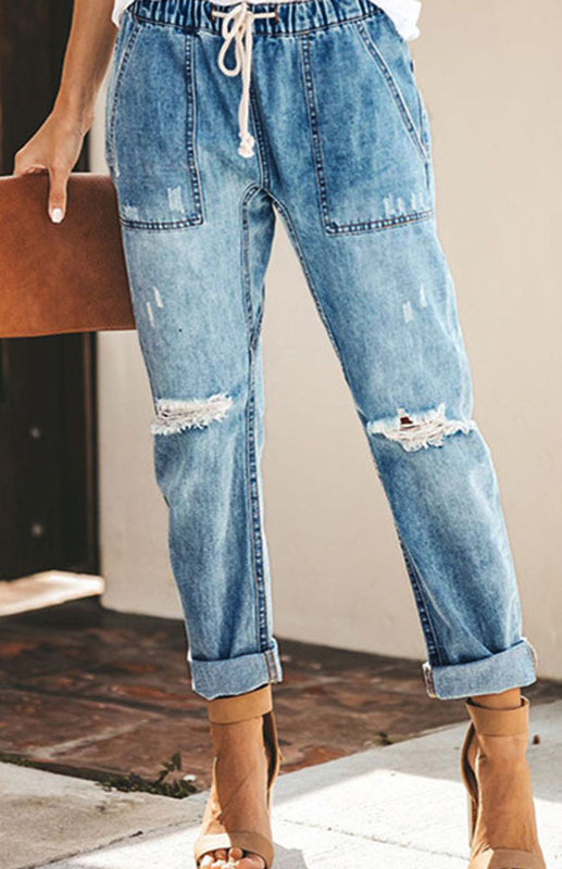 Ladies Fashion Elastic Waist Drawstring Jeans - Clear blue / S