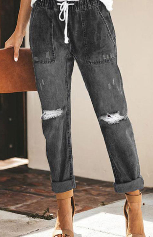 Ladies Fashion Elastic Waist Drawstring Jeans - Dark Gray / S