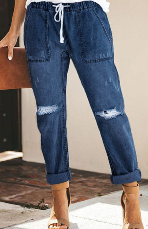 Ladies Fashion Elastic Waist Drawstring Jeans - Purplish blue navy / S