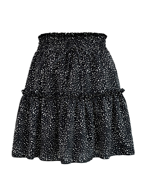 Ladies High Waist Ruffled Floral Printed A-Line Skirt - Black dot / S