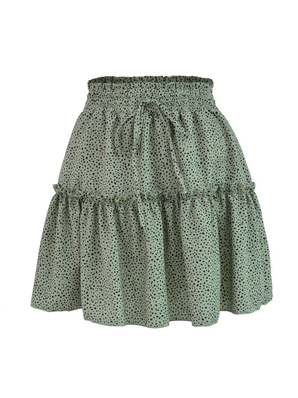Ladies High Waist Ruffled Floral Printed A-Line Skirt - Dark green dot / S