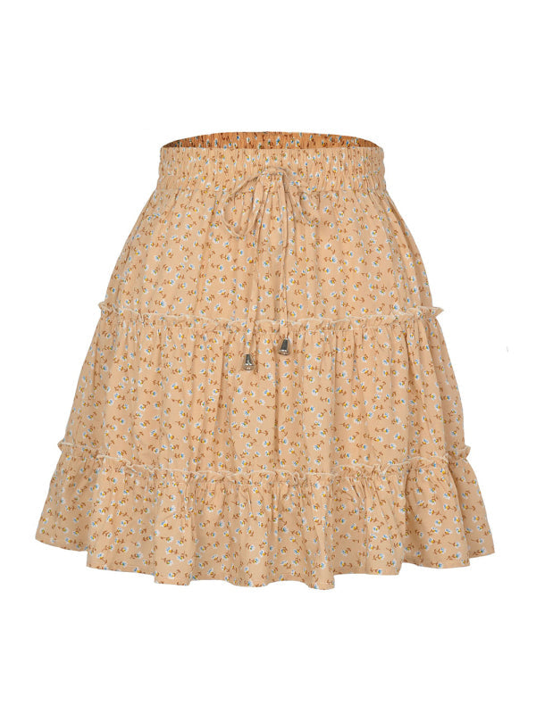 Ladies High Waist Ruffled Floral Printed A-Line Skirt - New beige / S