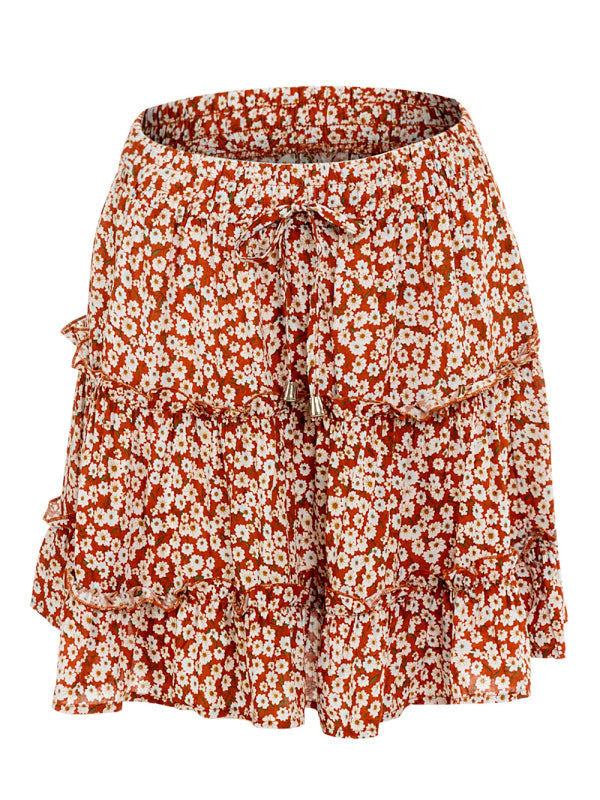 Ladies High Waist Ruffled Floral Printed A-Line Skirt - New orange / S