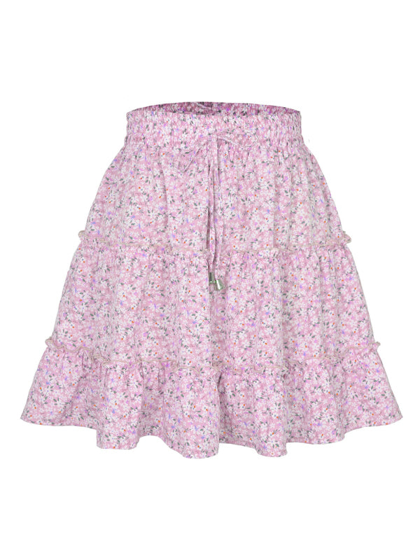 Ladies High Waist Ruffled Floral Printed A-Line Skirt - New pink / S