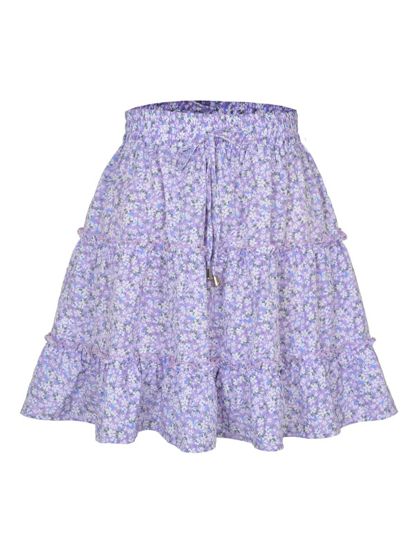 Ladies High Waist Ruffled Floral Printed A-Line Skirt - New purple / S