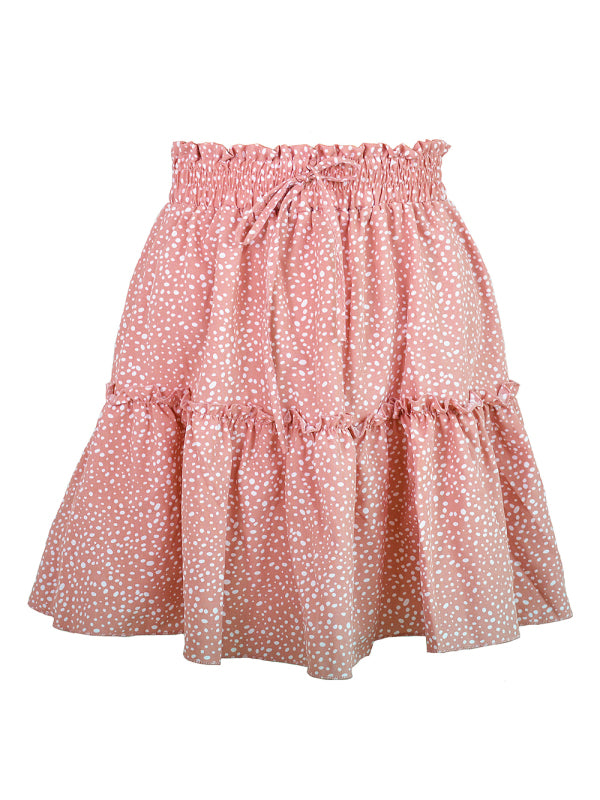 Ladies High Waist Ruffled Floral Printed A-Line Skirt - Pink dot / S