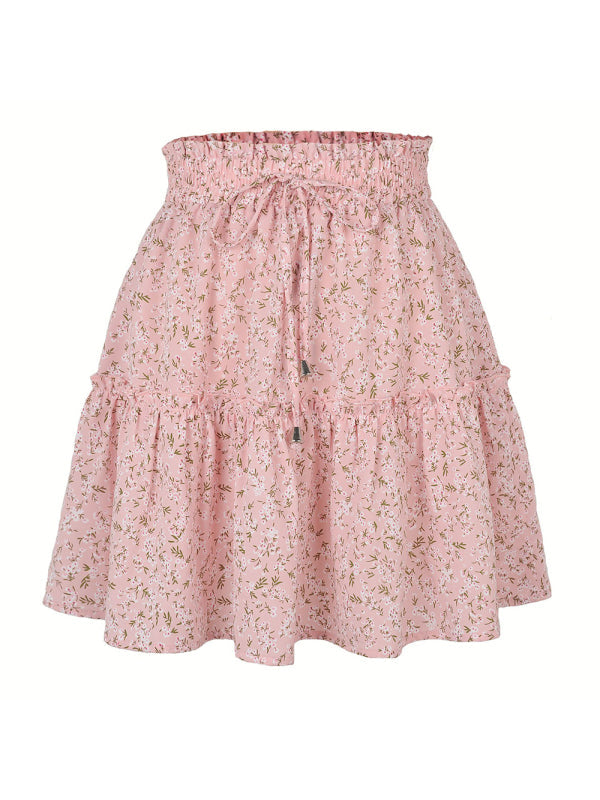 Ladies High Waist Ruffled Floral Printed A-Line Skirt - Pink print / S