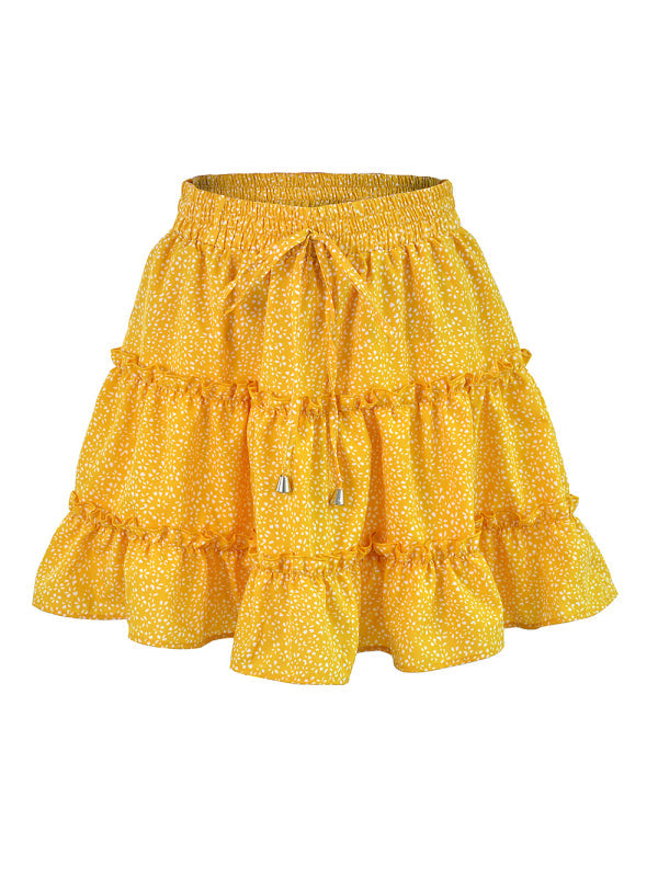 Ladies High Waist Ruffled Floral Printed A-Line Skirt - Yellow dots / S
