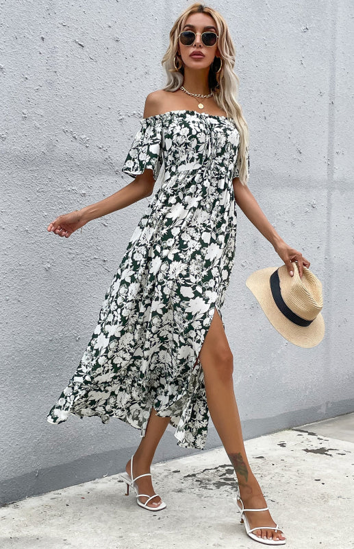 Ladies Mid Length Slit Neck Short Sleeve Print Dress - Green / S