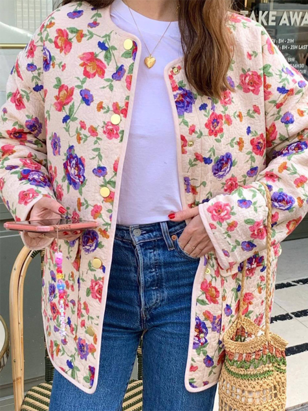 Ladies new floral print cotton jacket - Cracker khaki / S