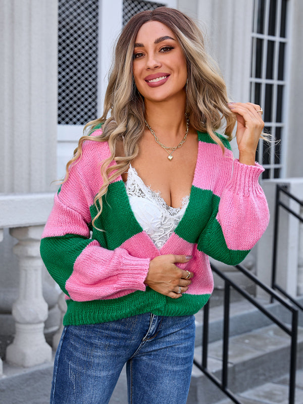 Ladies new patchwork color matching cardigan sweater jacket - Pink / S