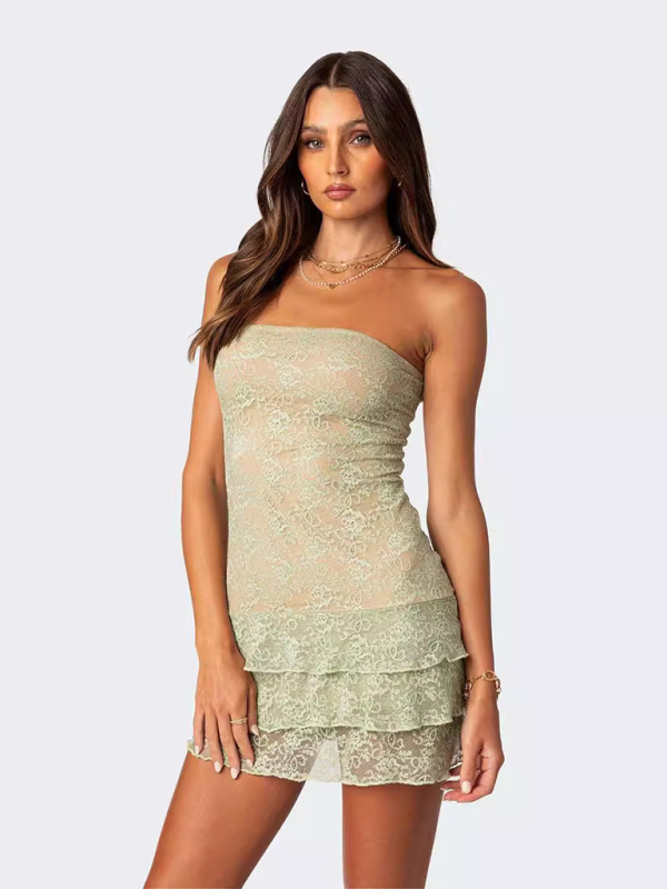 Ladies new sexy tube top lace ruffled mini skirt - Pale green / S