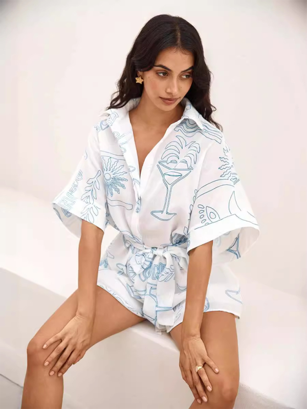 Ladies’ new style lapel mid-length sleeve waist tie fashion loose short jumpsuit