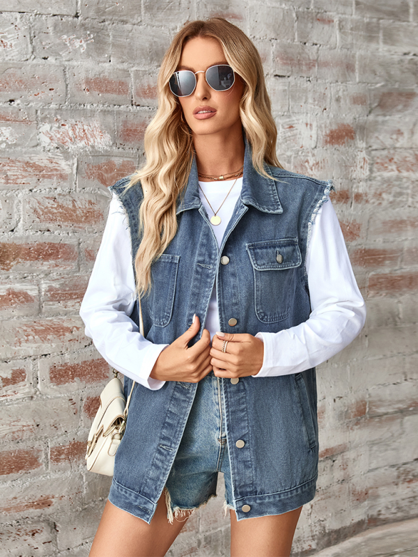 Ladies new washed denim loose vest waistcoat cardigan - Blue / S