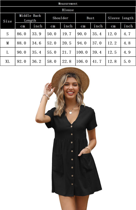 Black short sleeve solid color shirt dress with pockets for women