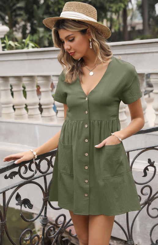 Olive green short sleeve solid color shirt dress for ladies, V-Neck design