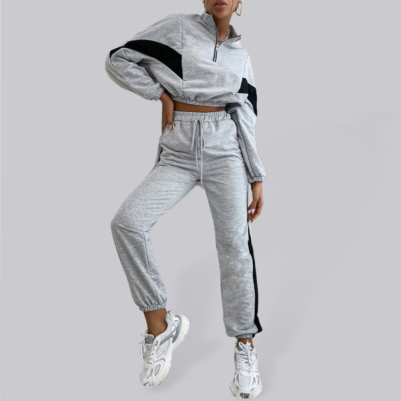Ladies Stitching Short Sweater Suit - Grey / S