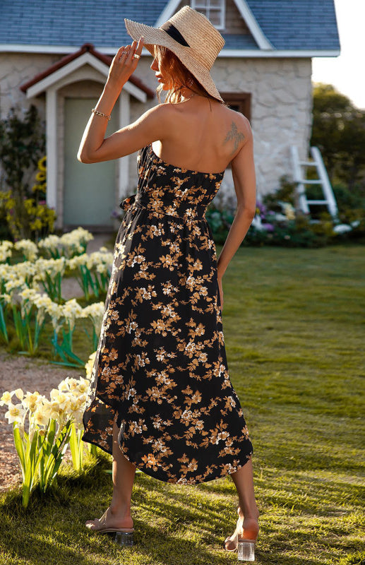 Ladies Summer Fashion Sexy Wrap Chest Chiffon Dress - Closther
