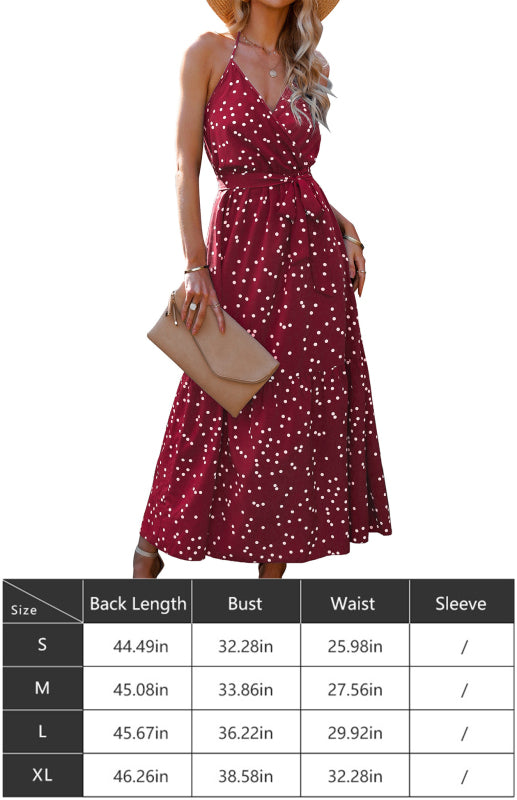 Ladies Summer Fashion V Neck Sling Polka Dot Dress Long Dress - Closther